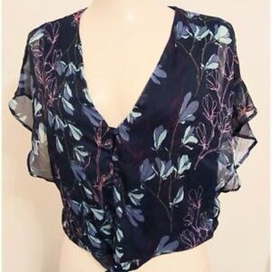 K Jordan Womens Navy Floral Cropped Tie Front Lined top. Sz 1X Whimsical Dainty